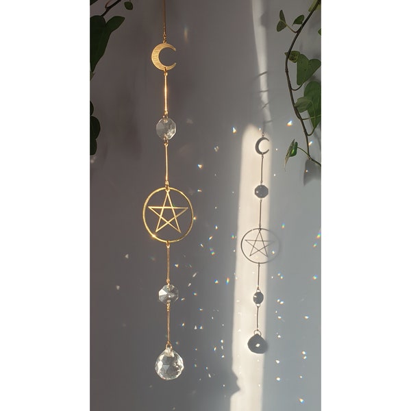 Pentagramm Suncatcher Sonnenfänger Lichtfänger Regenbogen Glasperlen Fensterdeko Pentakel Witch Wicca Mond