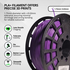 May include: A spool of purple PLA+ filament for 3D printing. The image shows the filament's diameter of 1.75mm with a tolerance of +/- 0.03mm. Text highlights features like less nozzle clogging, stability, no bubbles, better layer adhesion, and smooth printing.