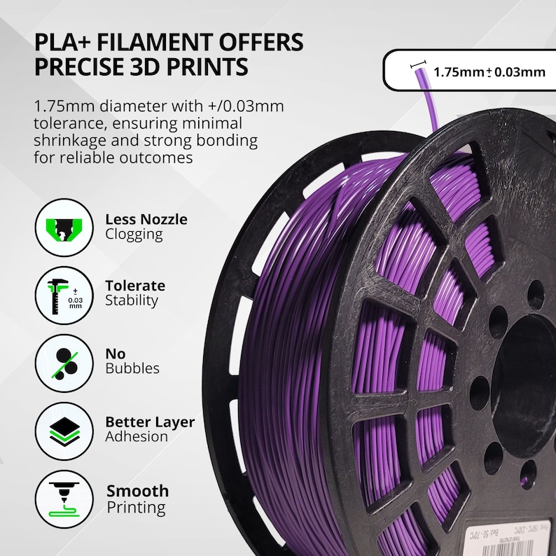 May include: A spool of purple PLA+ filament for 3D printing. The image shows the filament's diameter of 1.75mm with a tolerance of +/- 0.03mm. Text highlights features like less nozzle clogging, stability, no bubbles, better layer adhesion, and smooth printing.