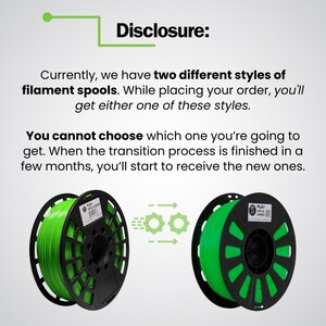 May include: Image shows two green filament spools for 3D printing. The text reads "Disclosure: Currently, we have two different styles of filament spools. You cannot choose which one you're going to get."
