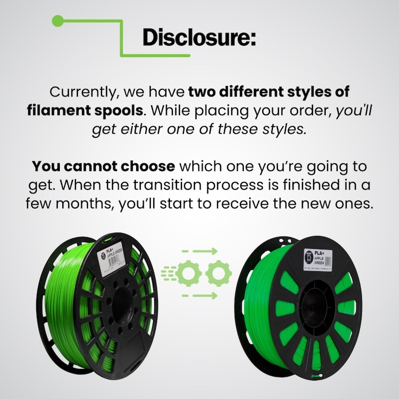 May include: Image shows two green filament spools for 3D printing. The text reads "Disclosure: Currently, we have two different styles of filament spools. You cannot choose which one you're going to get."