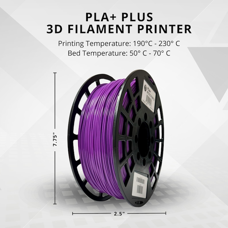 May include: A spool of purple PLA+ Plus 3D filament for 3D printers. The spool is black and measures 7.75 inches in height and 2.5 inches in diameter. Printing temperature is 190&deg;C - 230&deg;C, and bed temperature is 50&deg;C - 70&deg;C.