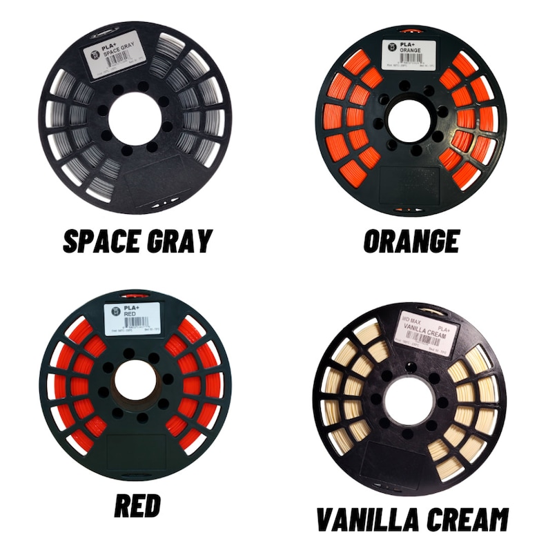 May include: Four spools of PLA+ filament in Space Gray, Orange, Red, and Vanilla Cream. Each spool is wound on a black reel with the color name printed in bold, black text below.