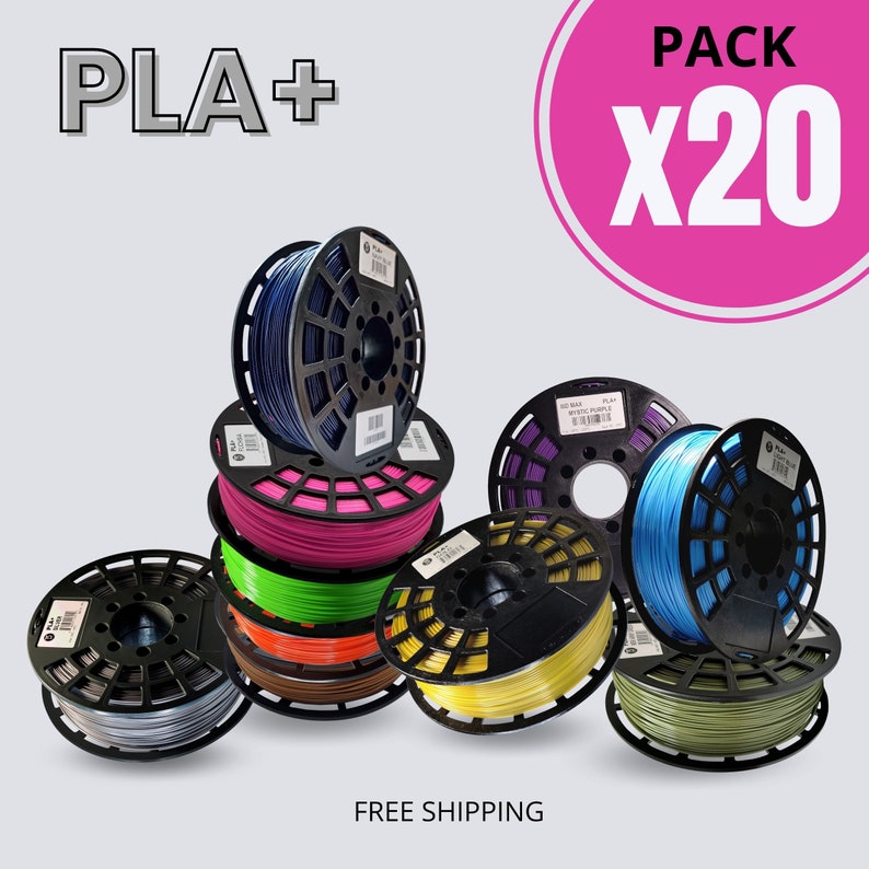 May include: A pack of 20 spools of PLA+ filament for 3D printing. The spools are arranged in a stack and are in various colors, including blue, pink, green, yellow, orange, brown, and gray. The image includes the text "PLA+" and "PACK X20".