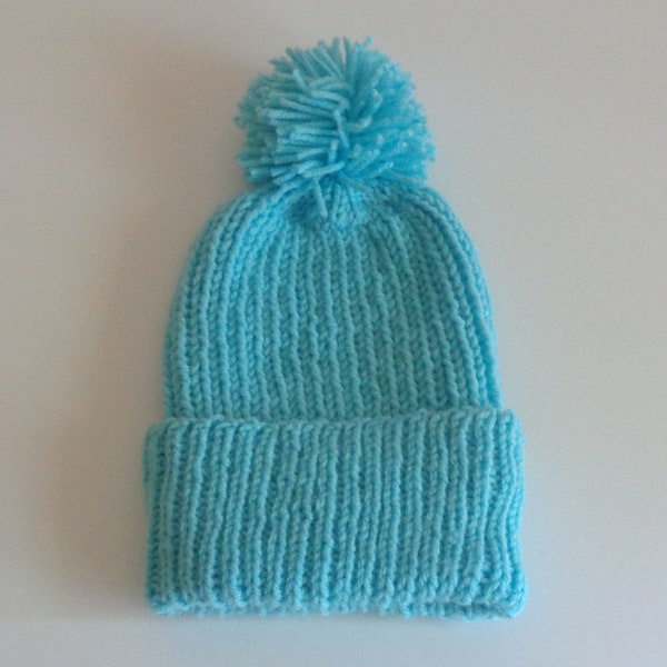 Hand Knitted Classic Winter Hat with Pom Pom – Aqua Blue