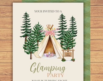 Glamping Party Invitation: Tent & Pine Tree Design (Digital Download)
