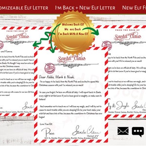 Peut inclure: Lettre d'elfe personnalisable avec le texte "I'm Back + New Elf Letter" et "New Elf Friend". Les lettres sont rouges et blanches avec un sceau du Père Noël et un sceau doré qui dit "Welcome Back Elf".