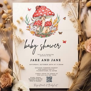 Wild Forest Herbst Pilz-Babyparty-Einladungs-Set, Windel Raffle, Bücher für Baby, magische Pilz Invite Bundle EDITIERBAR