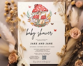 May include: A baby shower invitation with a watercolor illustration of mushrooms and butterflies. The invitation is for Jake and Jane and is set for October 26th at 11:30 am at Eastoak Farmers Market. The invitation includes a QR code for RSVP and registry information.