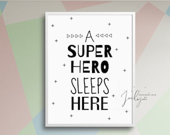 A Superhero Sleeps Here Print - Hero Kid's Room Wall PRINTABLE Quote Wall Art for Boy's Room, Girls Room, Nursery
