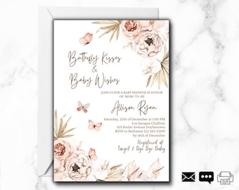 May include: A baby shower invitation with a watercolor floral design in shades of pink and brown. The text reads "Butterfly Kisses & Baby Wishes" and includes details for the event, including the date, time, location, and RSVP information. The invitation also includes the phrase "Registered at Target & Bye Bye Baby".
