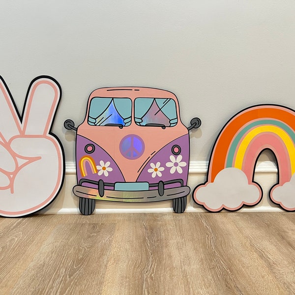 2 ft hippie party cutouts, two groovy decorations, hippie birthday, two groovy theme, groovy centerpiece, hippie van prop, groovy backdrop