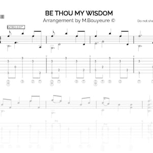 May include: Sheet music for "Be Thou My Wisdom" with guitar tablature. The music includes notes, rests, and finger placements. The title and arrangement details are at the top, with "Capo III" and "Intro 0:07" also visible.