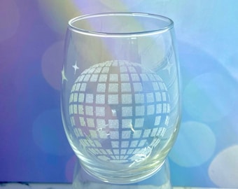 Personalized Disco Ball Stemless Wine Glass, Laser Etched Mirrorball