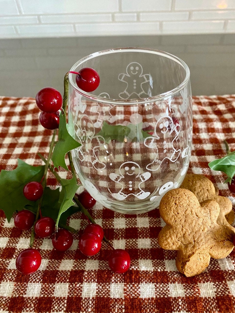 Gingerbread Wine Glass, Holiday Glass, Gingerbread Man Cup, Stemless