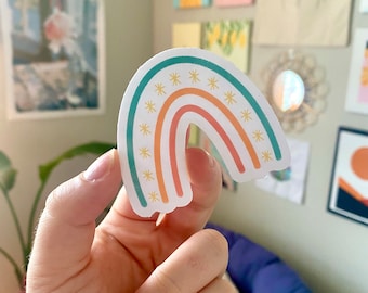 Boho Rainbow Sticker: Pastel Colors, Stars, Waterproof Decal