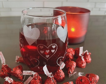 Etched Heart Stemless Wine Glass, Valentine's Day Gift