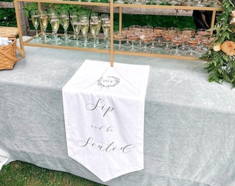 Sip and Be Seated Fabric Sign, Monogram Wedding Bar Sign, Linen Banner for Wedding