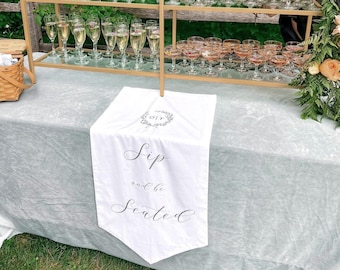 Monogram Wedding Bar Linen Banner, Sip and Be Seated