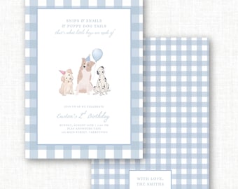 Blue Gingham Puppy Dog Birthday Invitation | Watercolor (Digital Download)