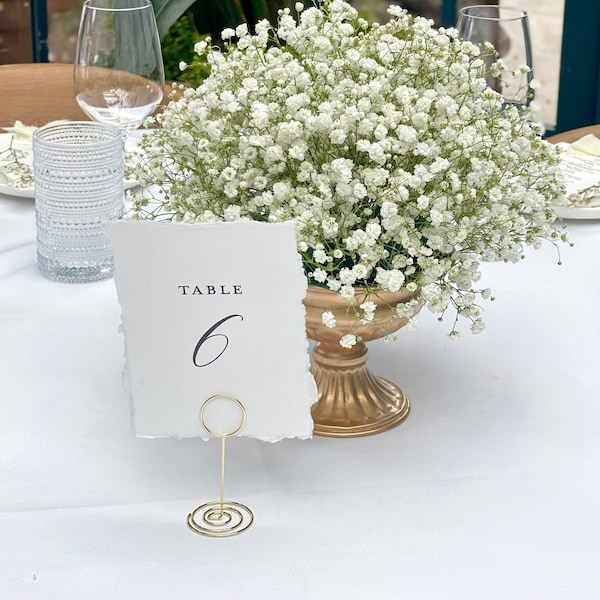 Table Number on Handmade Paper with Gold Table Card Holder, Wedding Table Numbers, Handmade Paper Table Numbers