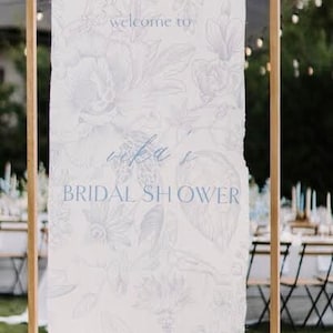 Blue Floral Linen Wedding Welcome Banner, Hand-Pressed DTF Vinyl