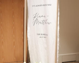 Wedding Welcome Sign, Linen Banner with Wood Frame Stand