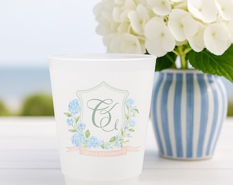 Floral Crest Frosted Cups, Custom Monogrammed Wedding Cups