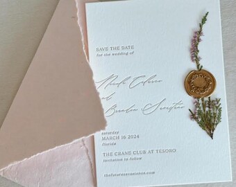 Tuscan Letterpress Save the Date Invitation, Pressed Flower Invitation, Wax Seal Wedding Stationery