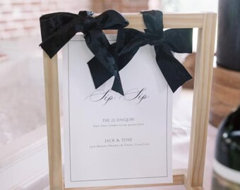 Mini Bar Sign with Wood Stand, Linen Banner with Wood Frame, Wedding Signage, Signature Drink Sign