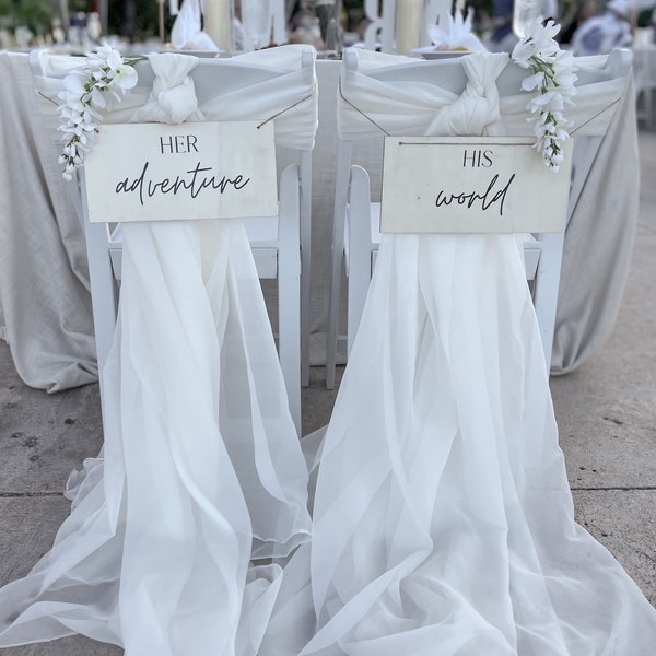 Wedding Chair Signs, His World Her Adventure, Bride and Groom Chair Signs, Sweetheart Table Signs, Wooden Chair Sign