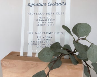 Signature Cocktail Sign with Natural Wood Stand, Wedding Signage, Wedding Bar Menu, Luxury Signage, Glass and Wood Signage