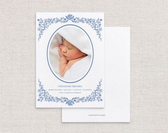 Blue Floral Vine Birth Announcement Template, 5x7 (Canva)