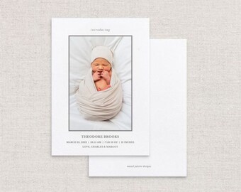 Minimalist Newborn Announcement Template, Elegant Photo Card (Canva Editable, 5x7, Instant Download)