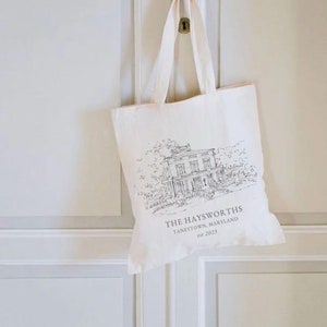 Wedding Welcome Tote, Venue Sketch Illustration on Natural Cotton Tote Bags, Personalized Welcome Bags