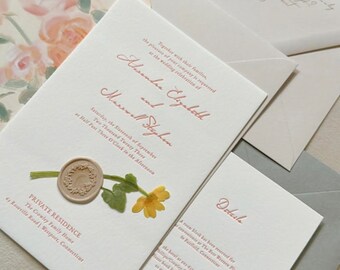 Letterpress Wildflower Wedding Invitation and Envelope, Semi-Custom Invitation Template, Premium Card Stock Invitation