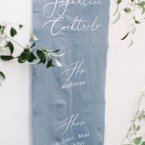 Dusty Blue Fabric Sign, Linen Wedding Cocktail Menu Sign, Wedding Signage, Modern Fabric Sign