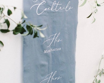 Dusty Blue Linen Wedding Cocktail Menu Fabric Sign