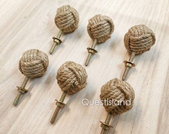 Set of 6 Handmade Jute Rope Knot Door Knobs: Small Cabinet Drawer Pulls