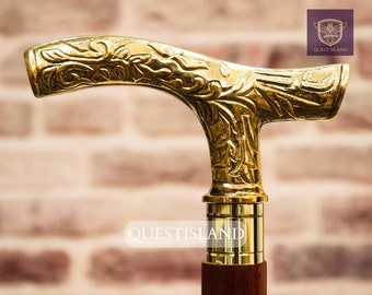 Brass Handle Wooden Walking Stick: Victorian Foldable Cane, Collectible Gift