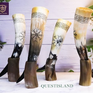 Viking Drinking Horn With Stand Royal Cup Set Genuine Premium Handcrafted Drinking Tankard Viking Horn, For Mead Ale And Beer