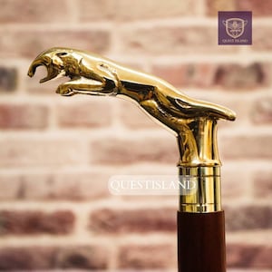 Walking Stick Jaguar Handle Brass Wooden Victorian Foldable Cane Collectible Men's Gift, Husband Gift, Anniversary Gift, Christmas Gift