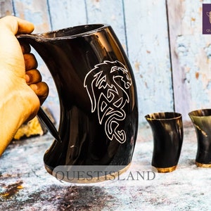Viking Drinking Horn Mug With 2 Shot Glasses Royal Wolf With Wooden Base Drinking Tankard Viking Horn Mug, For Mead Ale And Beer