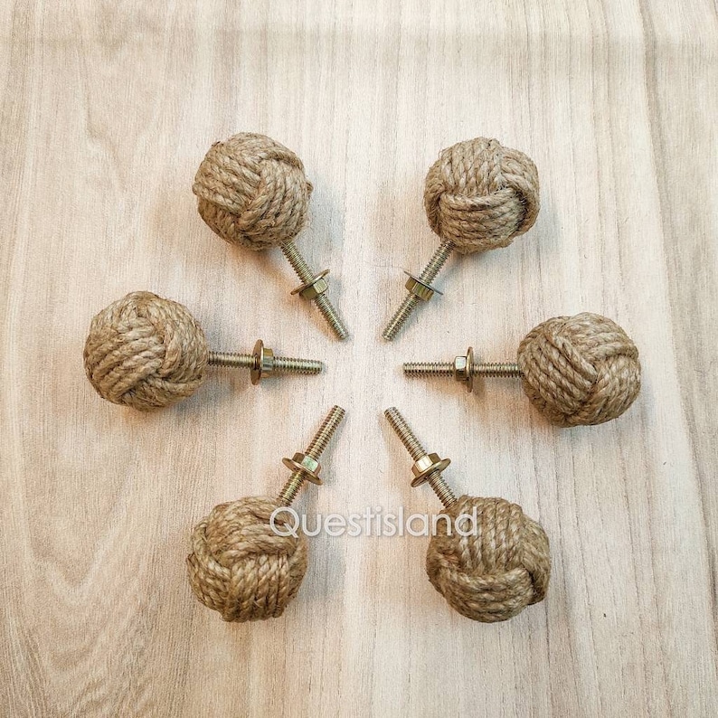 Pull Rope Knob Set of 6 Handmade Jute Rope Knot Door Knobs: Small Cabinet Drawer Pulls ...