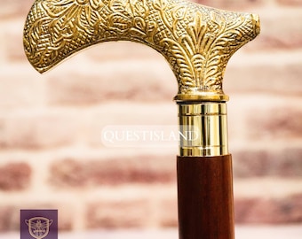 Brass Handle Wooden Walking Stick: Victorian Foldable Cane, 38 Inch