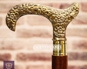 Brass Handle Wooden Walking Stick: Victorian Foldable Cane, Collectible Gift