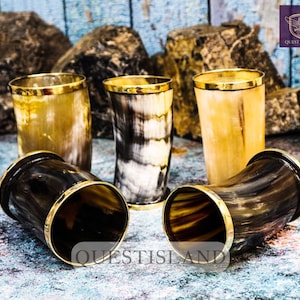 Viking Drinking Horn Shot Glass Cup Set With Brass Top And Bottom Ring Drinking Tankard Viking Horn Glass, For Mead Ale And Beer