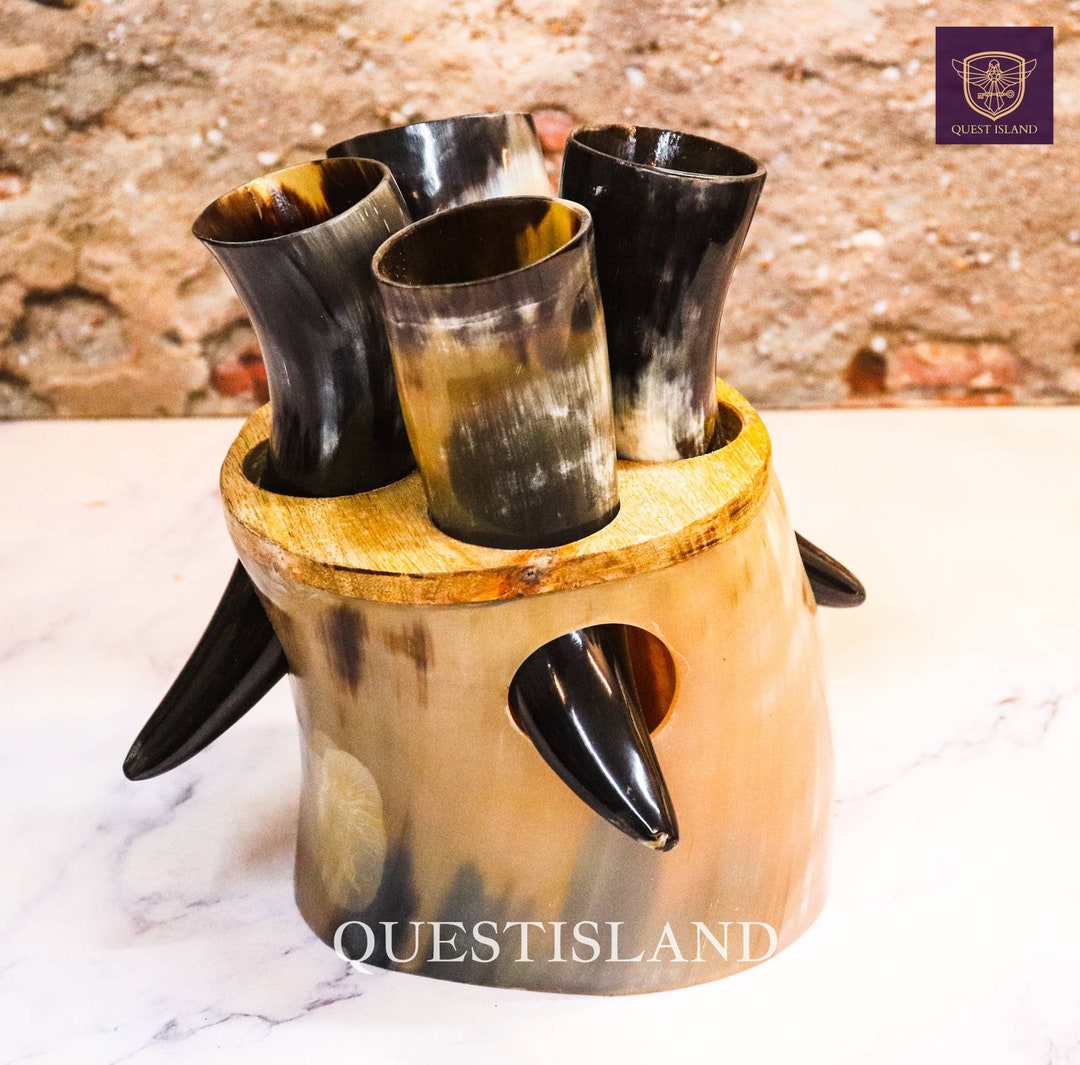 Viking Drinking Horn Cup Set of 4 With Stand Horn Drinking Tankard