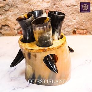 Viking Drinking Horn Cup Set Of 4 With Stand Horn Drinking Tankard Viking Horn Mug, For Mead Ale And Beer, Men&#39;s Gift, Viking Gift
