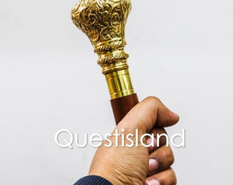 Brass Handle Wooden Walking Stick: Victorian Foldable Cane, 38 Inch